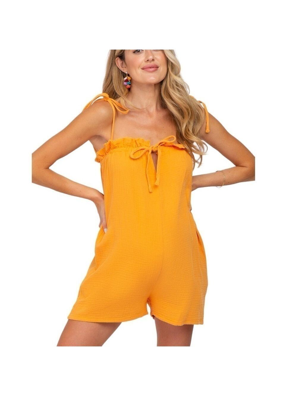 Lush Crinkle Orange Ruffle Cutout Front Tie Strap Oversized Short Romper